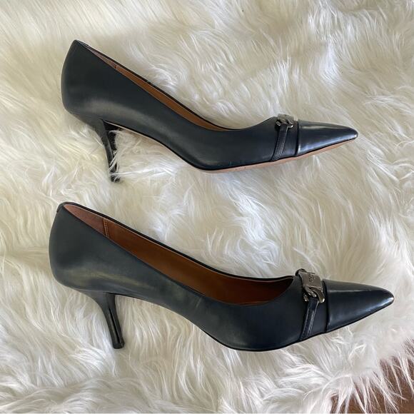 Coach | Women’s Bowery Pumps Navy Leather Pointed Toe Hardware Mid Heels Office - Picture 7 of 10